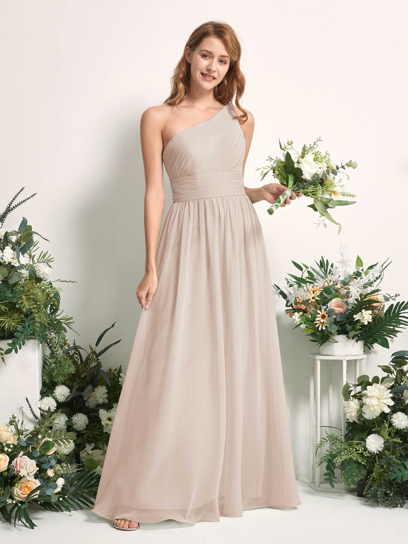 Carlyna Robe Trapèze Asymétrique Longueur ras du sol Mousseline Demoiselle d'honneur Champagne #couleur_champagne