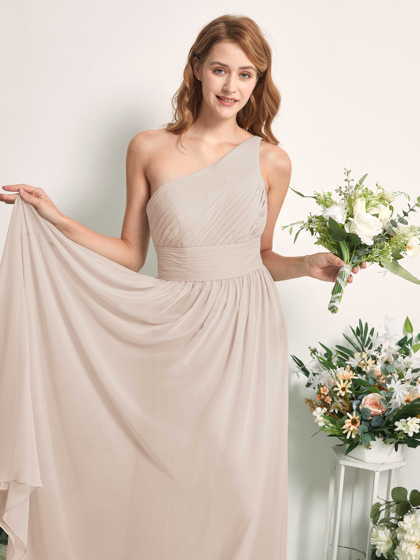 Carlyna Robe Trapèze Asymétrique Longueur ras du sol Mousseline Demoiselle d'honneur Champagne #couleur_champagne