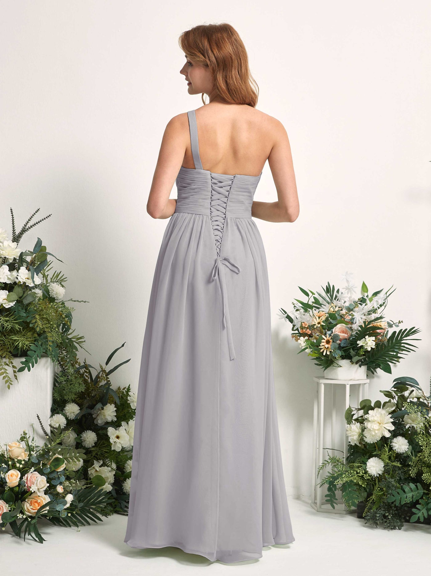 Carlyna Robe Trapèze Asymétrique Longueur ras du sol Mousseline Demoiselle d'honneur Gris Boussole #couleur_gris-boussole