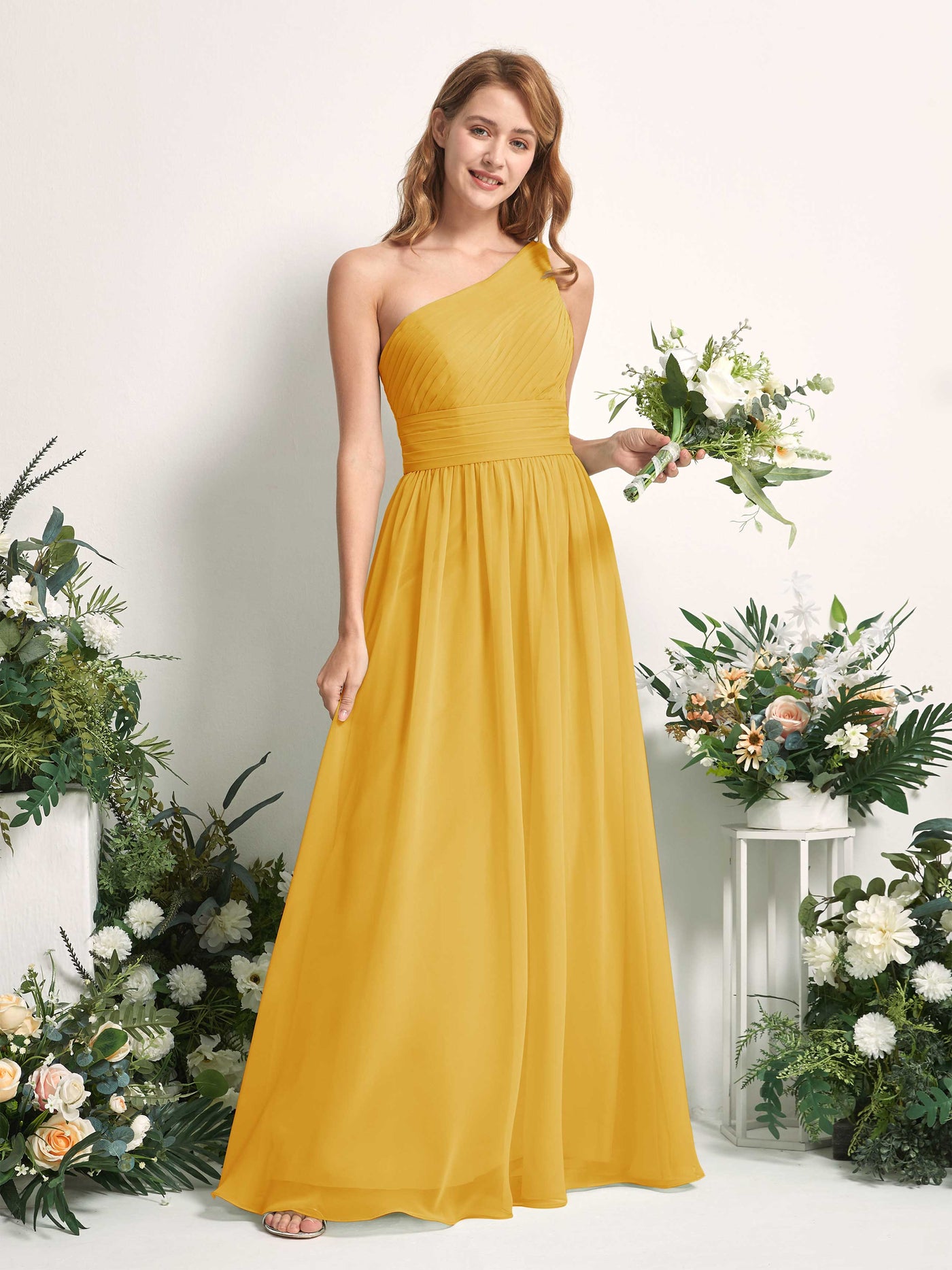 Carlyna Robe Trapèze Asymétrique Longueur ras du sol Mousseline Demoiselle d'honneur Jaune Moutard #couleur_jaune-moutard