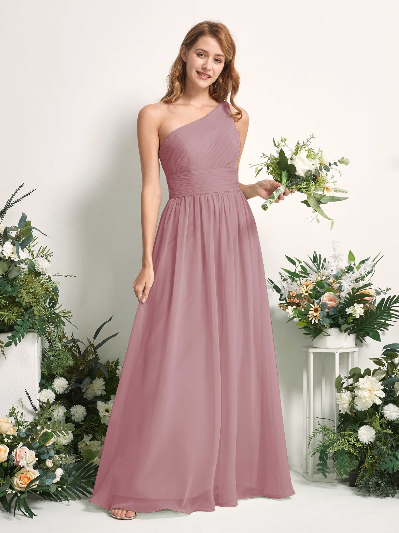Carlyna Robe Trapèze Asymétrique Longueur ras du sol Mousseline Demoiselle d'honneur Mauve Vintage #couleur_mauve-vintage