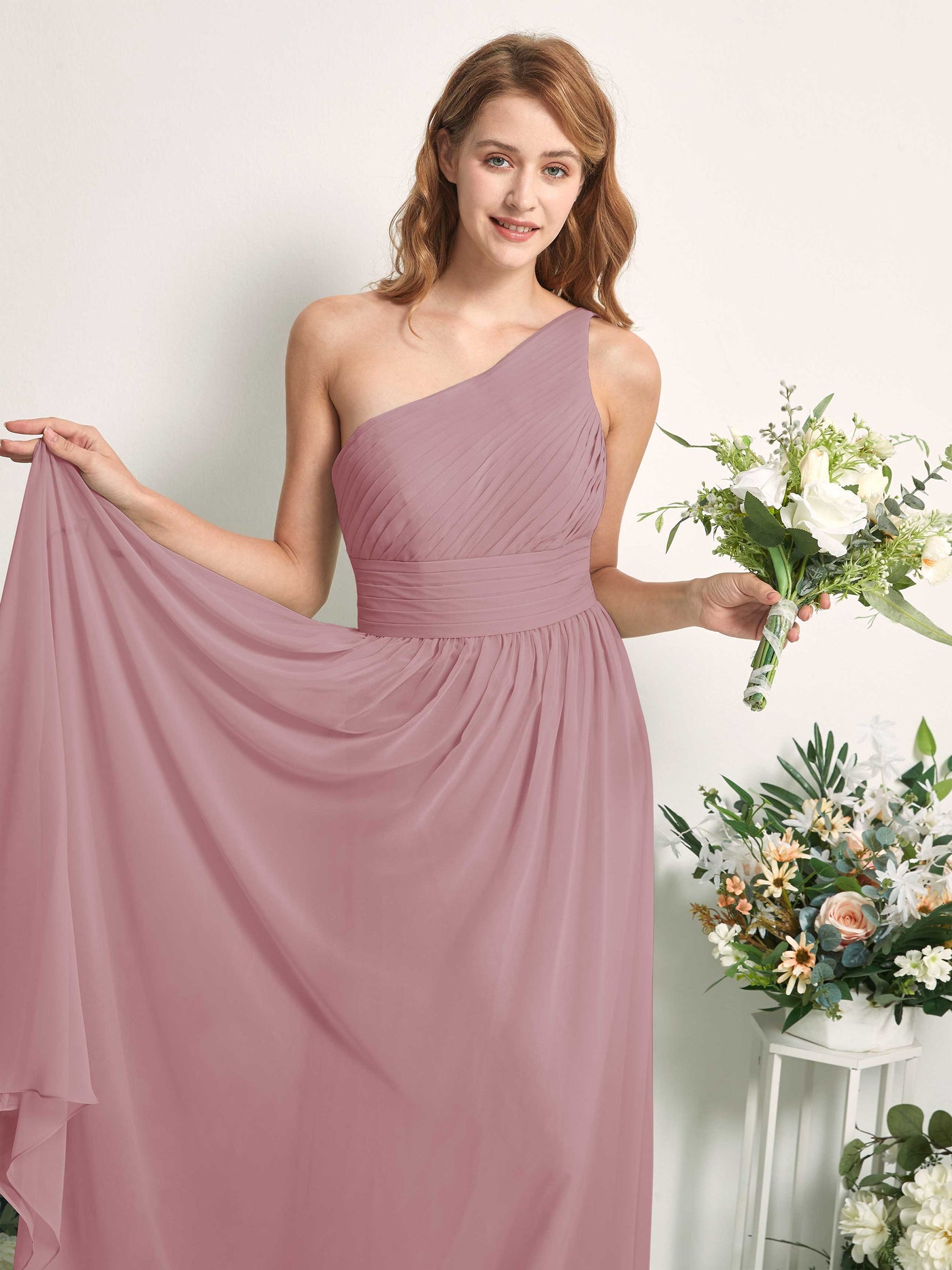 Carlyna Robe Trapèze Asymétrique Longueur ras du sol Mousseline Demoiselle d'honneur Mauve Vintage #couleur_mauve-vintage