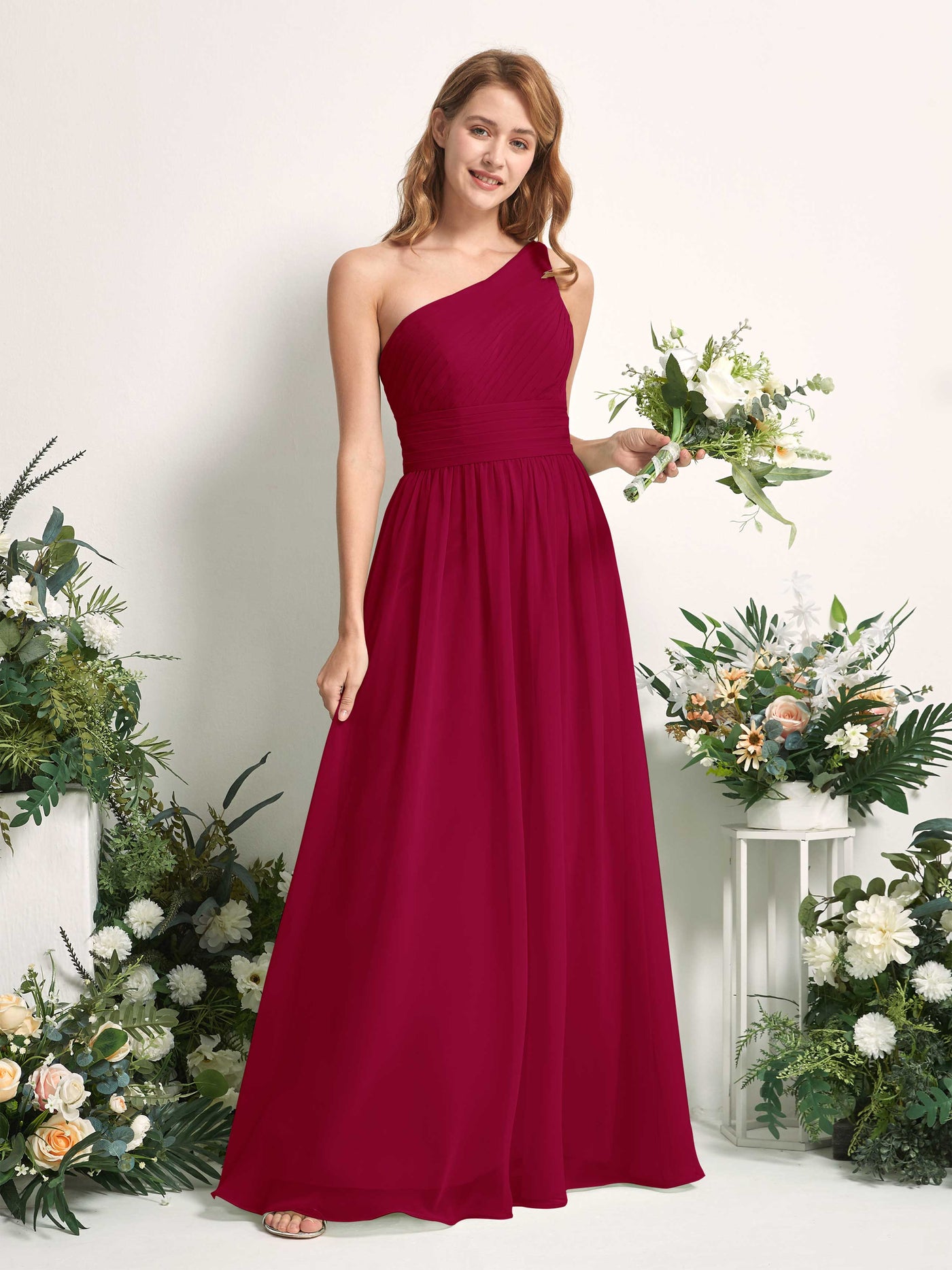 Carlyna Robe Trapèze Asymétrique Longueur ras du sol Mousseline Demoiselle d'honneur Rouge Bouffon #couleur_rouge-bouffon