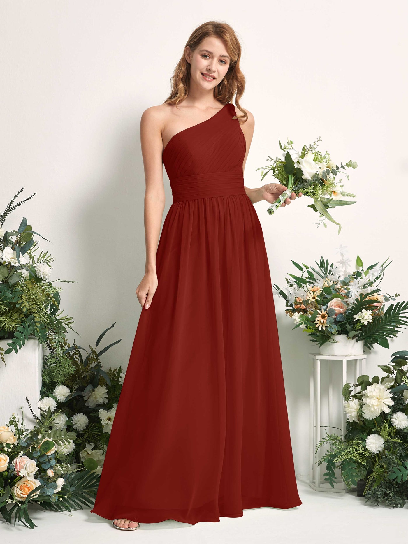 Carlyna Robe Trapèze Asymétrique Longueur ras du sol Mousseline Demoiselle d'honneur Rouille #couleur_rouille