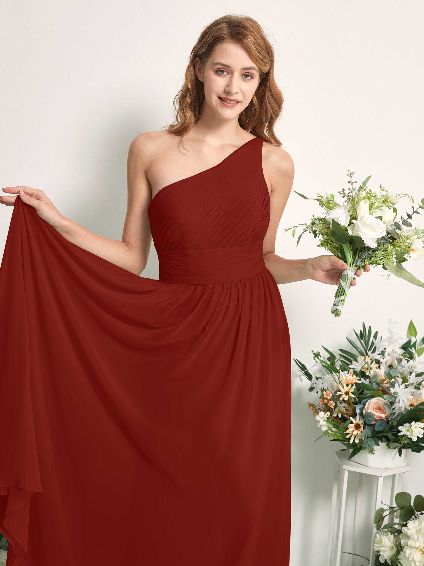 Carlyna Robe Trapèze Asymétrique Longueur ras du sol Mousseline Demoiselle d'honneur Rouille #couleur_rouille