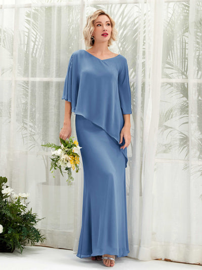 Carlyna Robe trapèze asymétrique manches cape demoiselle d'honneur Bleu Poussiéreux #couleur_bleu-poussi-reux