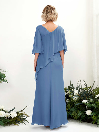 Carlyna Robe trapèze asymétrique manches cape demoiselle d'honneur Bleu Poussiéreux #couleur_bleu-poussi-reux