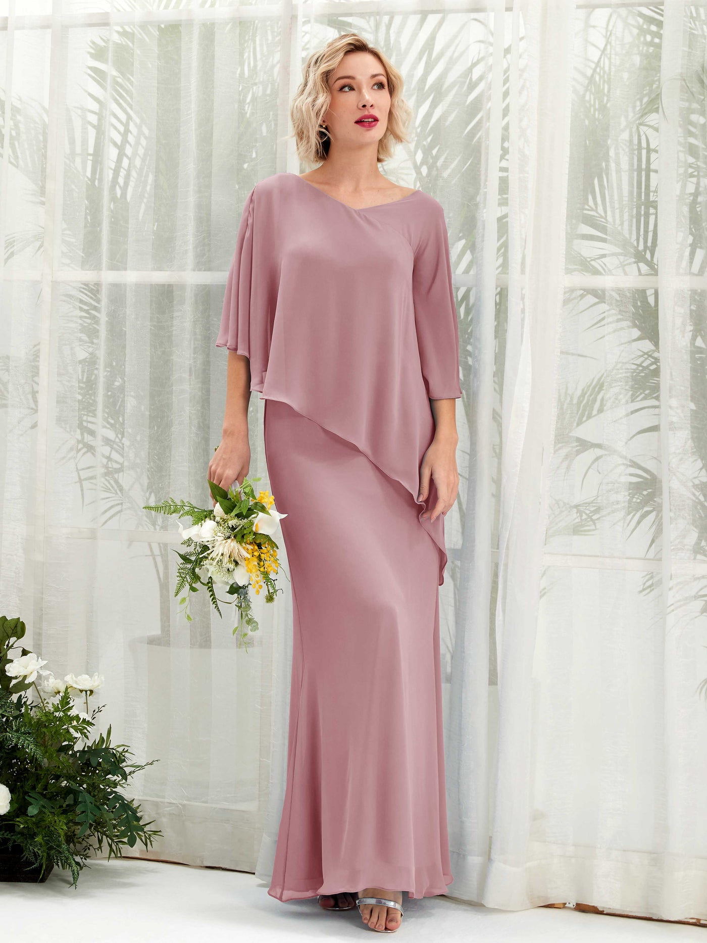 Carlyna Robe trapèze asymétrique manches cape demoiselle d'honneur Mauve Vintage #couleur_mauve-vintage