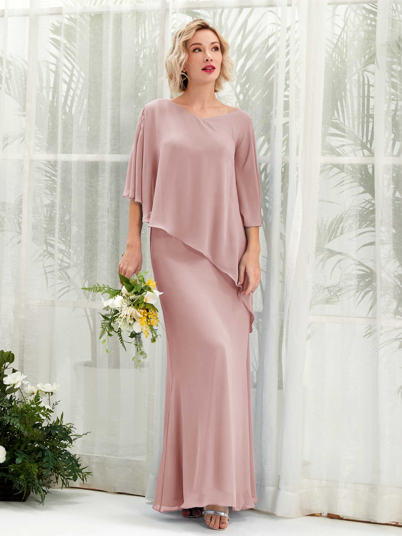 Carlyna Robe trapèze asymétrique manches cape demoiselle d'honneur Rose Poussiéreux #couleur_rose-poussi-reux