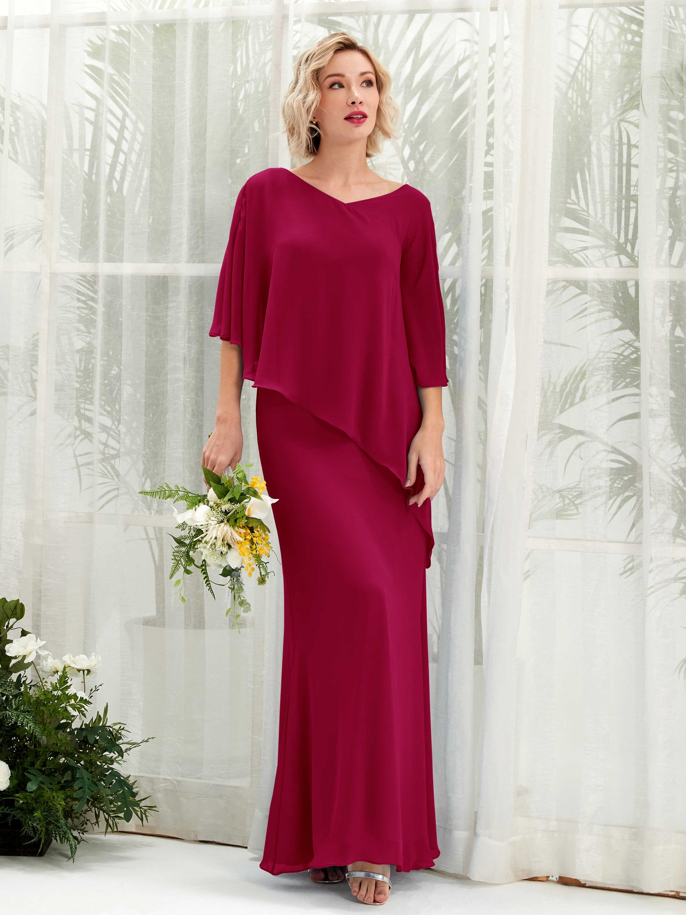 Carlyna Robe trapèze asymétrique manches cape demoiselle d'honneur Rouge Bouffon #couleur_rouge-bouffon
