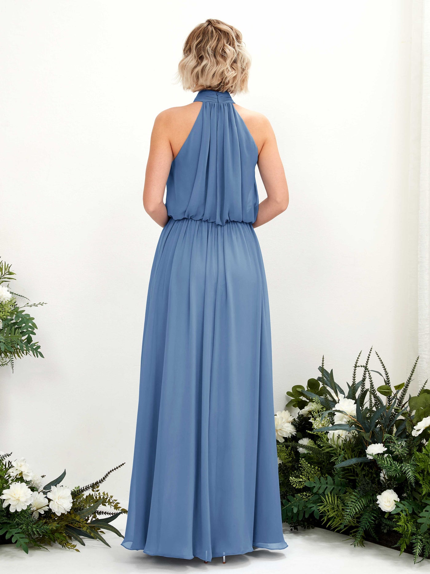 Carlyna Robe trapèze avec col rond longueur ras du sol en mousseline robes de demoiselle d'honneur Bleu Poussiéreux #couleur_bleu-poussi-reux