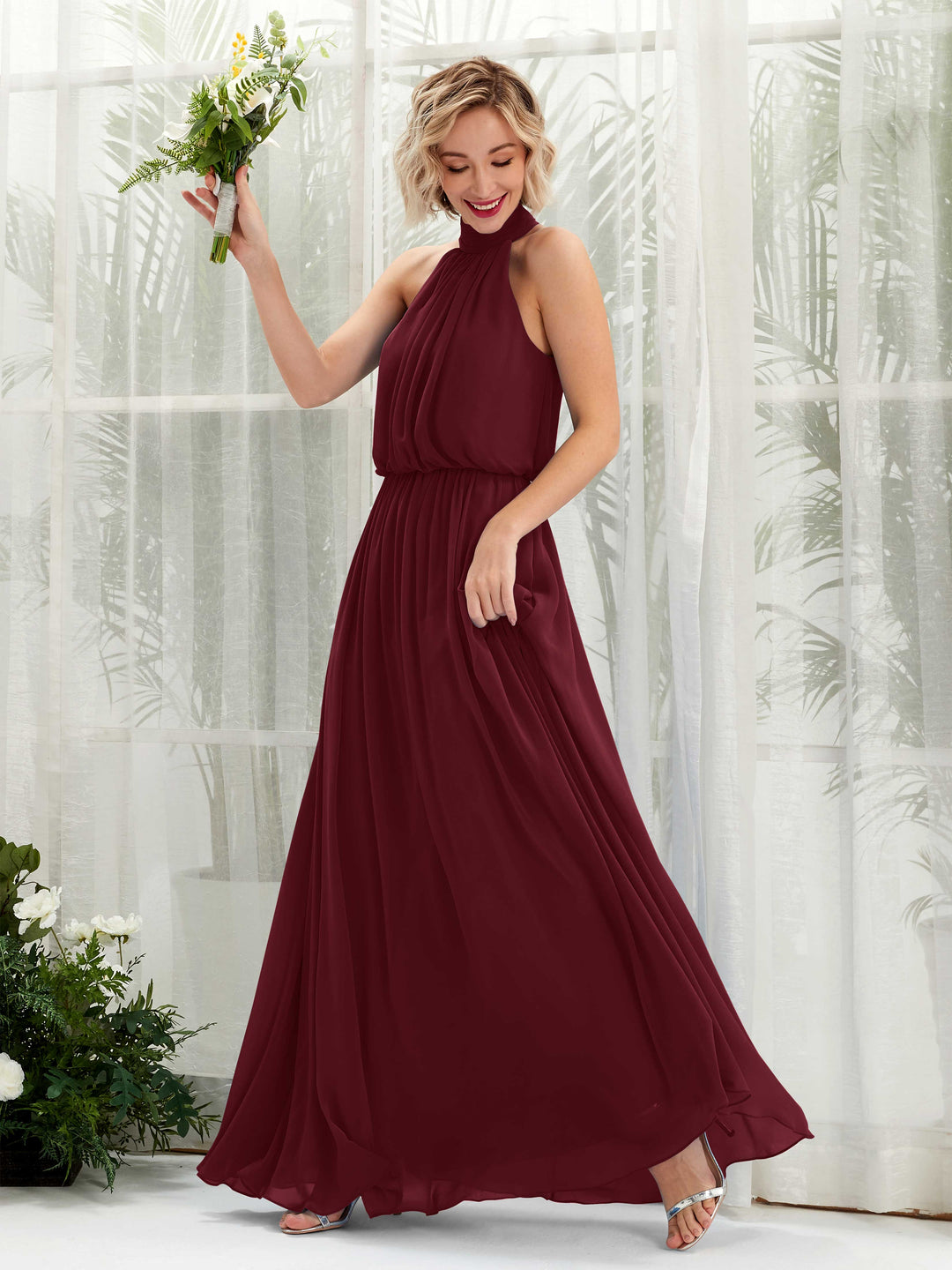 Carlyna Robe trapèze avec col rond longueur ras du sol en mousseline robes de demoiselle d&