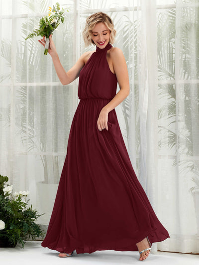 Carlyna Robe trapèze avec col rond longueur ras du sol en mousseline robes de demoiselle d'honneur Bordeaux #couleur_bordeaux