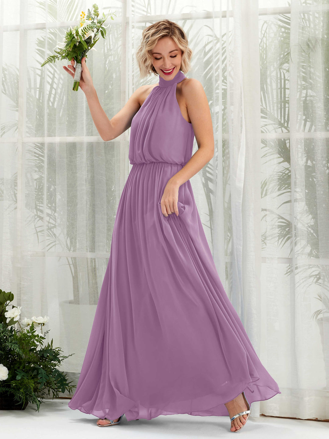 Carlyna Robe trapèze avec col rond longueur ras du sol en mousseline robes de demoiselle d&
