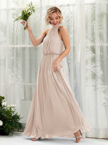 Carlyna Robe trapèze avec col rond longueur ras du sol en mousseline robes de demoiselle d'honneur Champagne #couleur_champagne