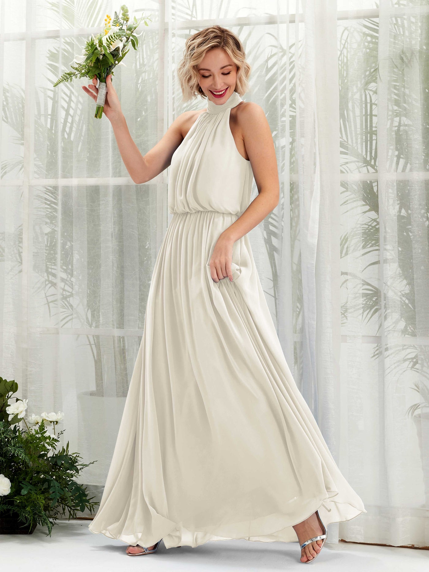 Carlyna Robe trapèze avec col rond longueur ras du sol en mousseline robes de demoiselle d'honneur Ivoire #couleur_ivoire
