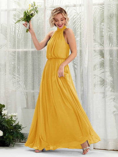 Carlyna Robe trapèze avec col rond longueur ras du sol en mousseline robes de demoiselle d'honneur Jaune Moutard #couleur_jaune-moutard