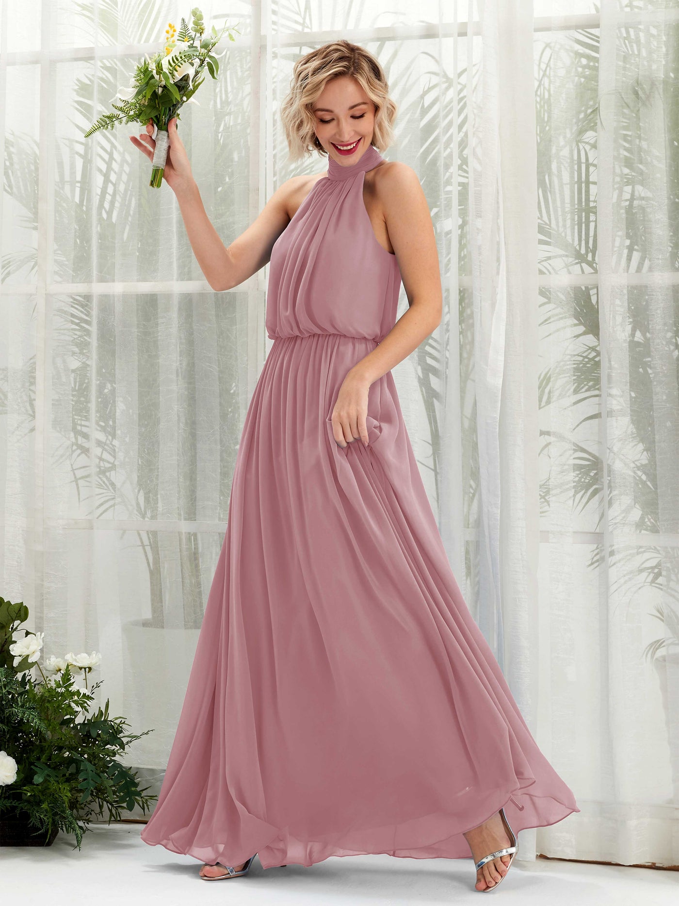 Carlyna Robe trapèze avec col rond longueur ras du sol en mousseline robes de demoiselle d'honneur Mauve Vintage #couleur_mauve-vintage