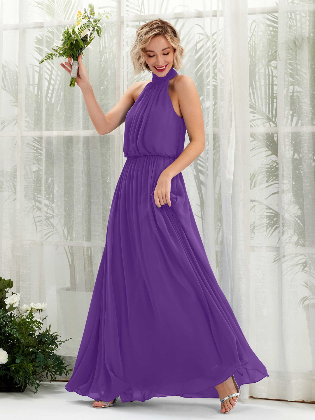 Carlyna Robe trapèze avec col rond longueur ras du sol en mousseline robes de demoiselle d&