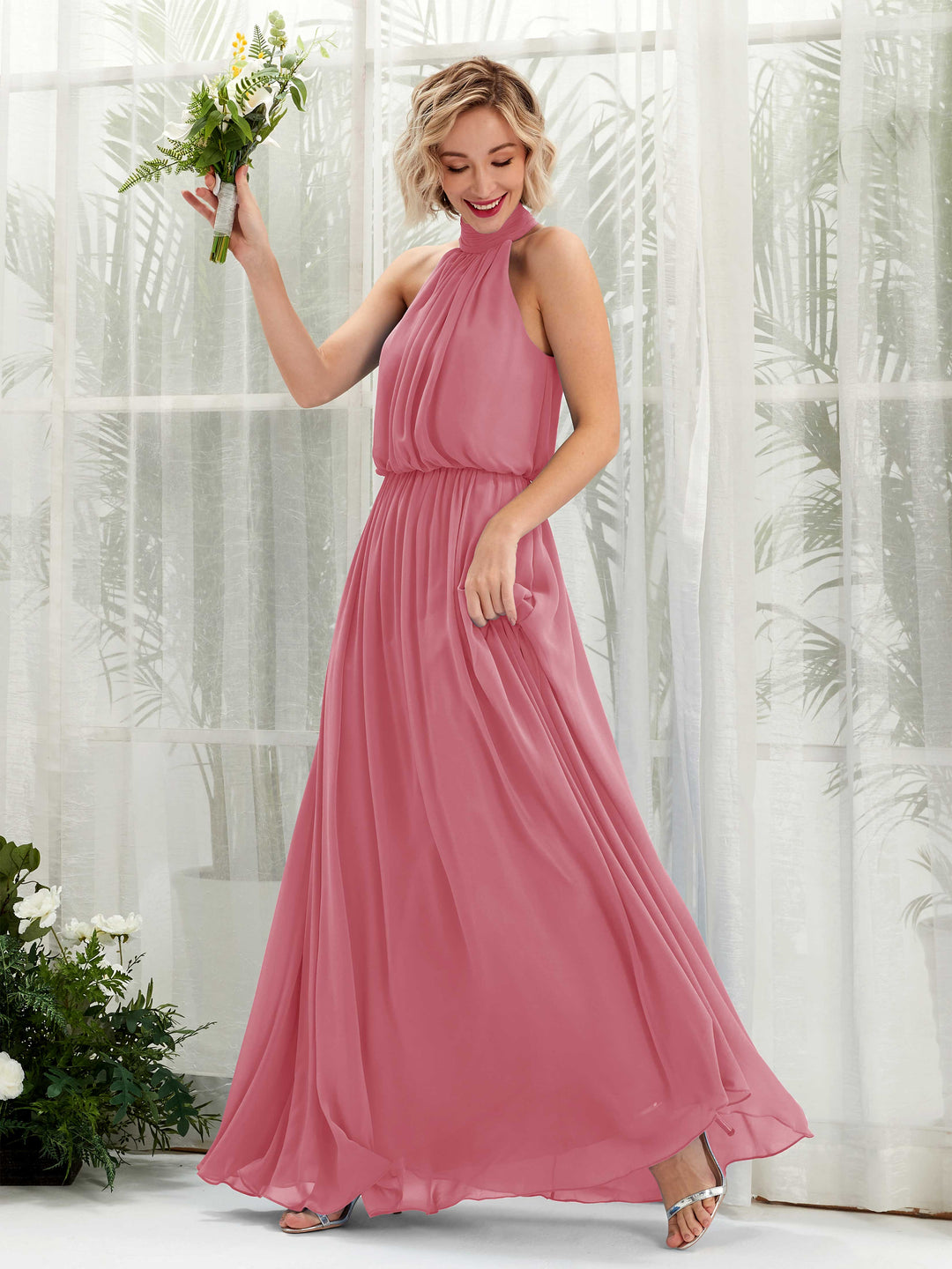 Carlyna Robe trapèze avec col rond longueur ras du sol en mousseline robes de demoiselle d&