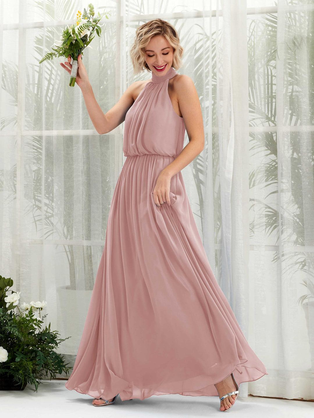 Carlyna Robe trapèze avec col rond longueur ras du sol en mousseline robes de demoiselle d&