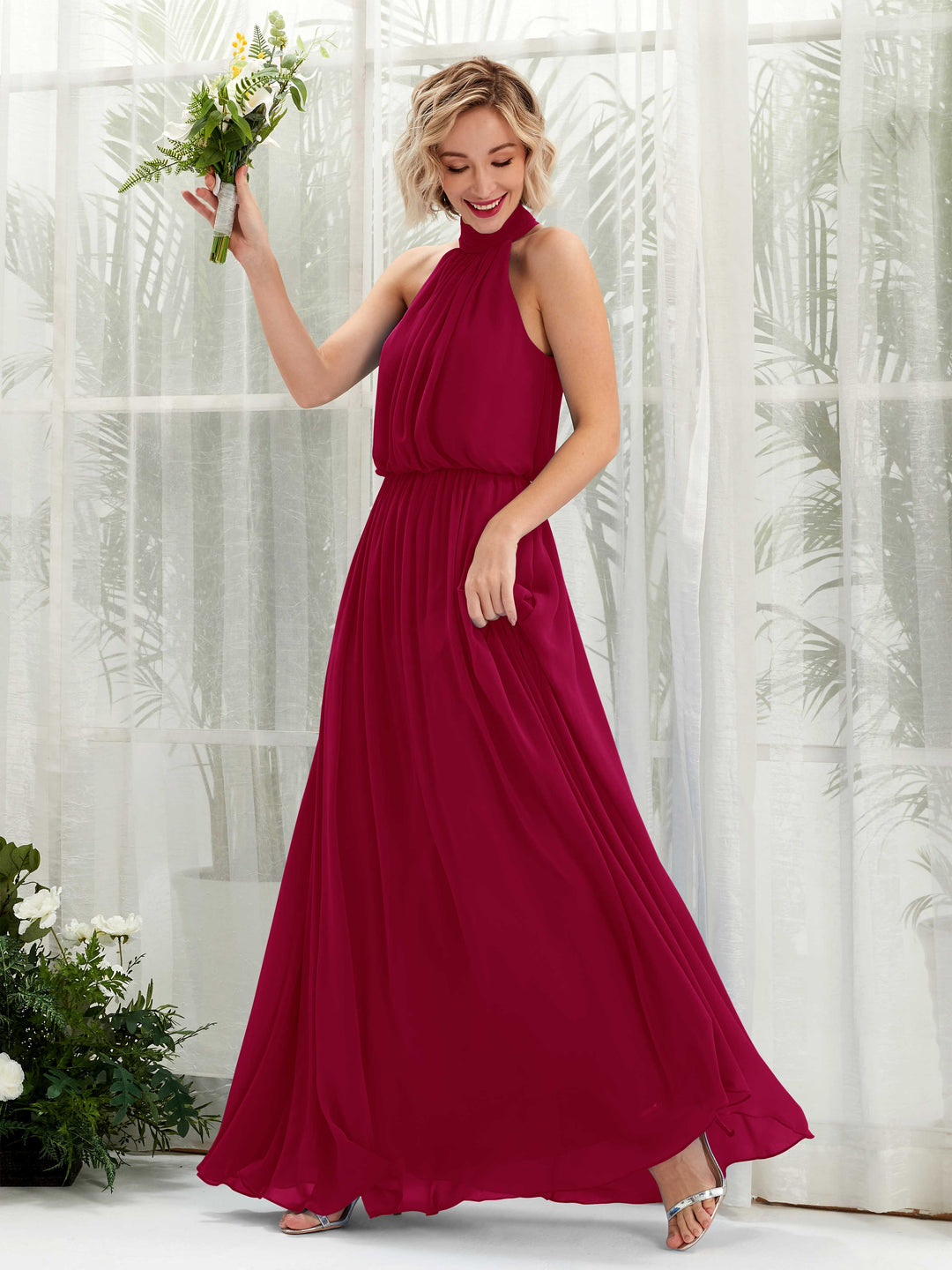Carlyna Robe trapèze avec col rond longueur ras du sol en mousseline robes de demoiselle d&