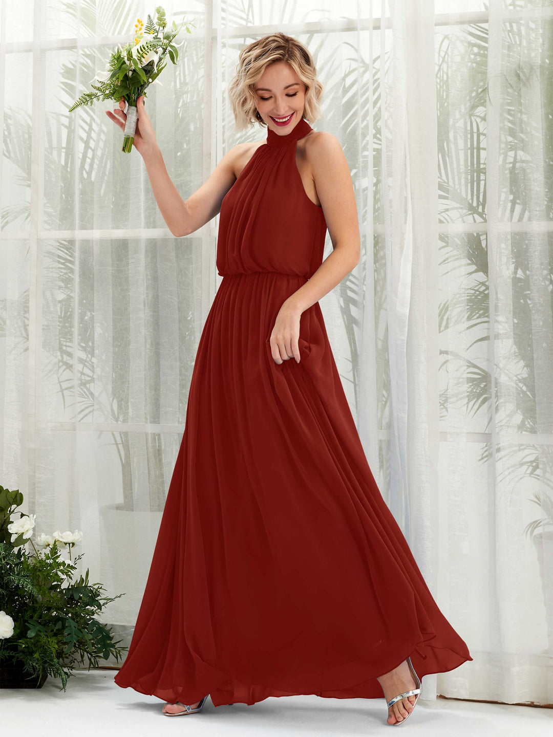 Carlyna Robe trapèze avec col rond longueur ras du sol en mousseline robes de demoiselle d&