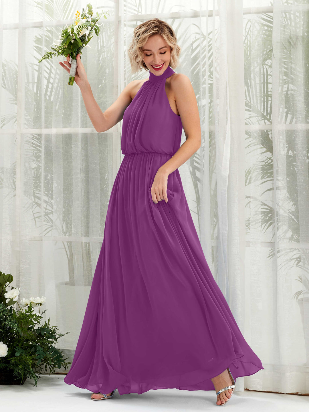 Carlyna Robe trapèze avec col rond longueur ras du sol en mousseline robes de demoiselle d&