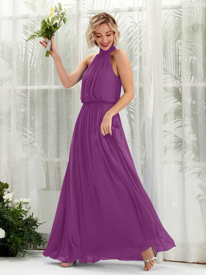 Carlyna Robe trapèze avec col rond longueur ras du sol en mousseline robes de demoiselle d&
