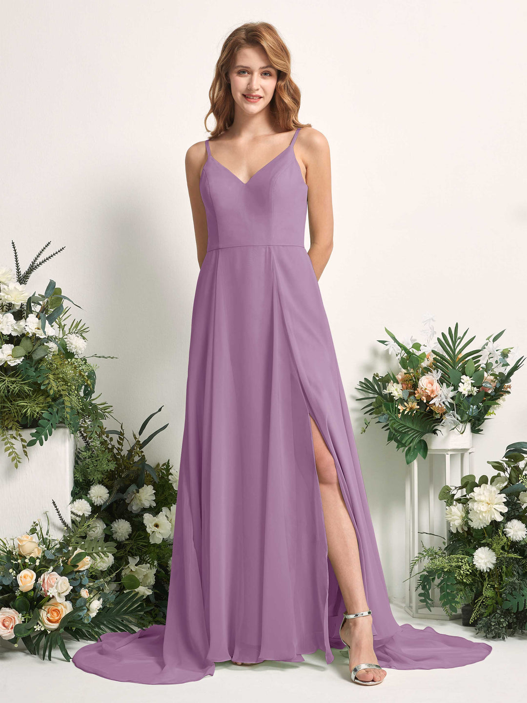 Carlyna Robe trapèze avec col V et fente sur la jambe longueur ras du sol demoiselle d&