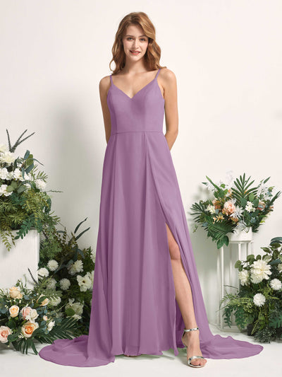Carlyna Robe trapèze avec col V et fente sur la jambe longueur ras du sol demoiselle d'honneur Brume Orchidée #couleur_brume-orchid-e