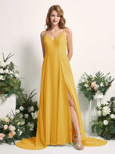 Carlyna Robe trapèze avec col V et fente sur la jambe longueur ras du sol demoiselle d'honneur Jaune Moutard #couleur_jaune-moutard