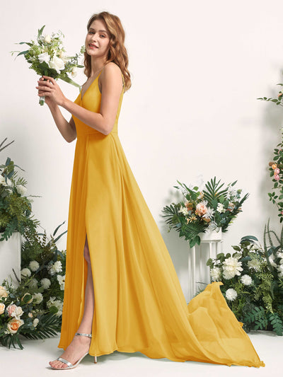 Carlyna Robe trapèze avec col V et fente sur la jambe longueur ras du sol demoiselle d'honneur Jaune Moutard #couleur_jaune-moutard