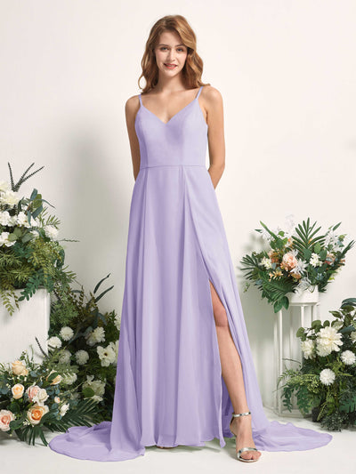 Carlyna Robe trapèze avec col V et fente sur la jambe longueur ras du sol demoiselle d'honneur Lilas #couleur_lilas