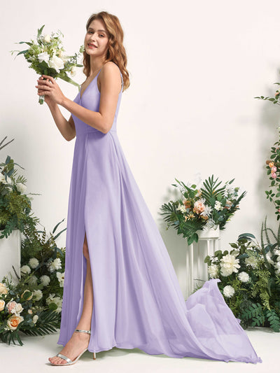 Carlyna Robe trapèze avec col V et fente sur la jambe longueur ras du sol demoiselle d'honneur Lilas #couleur_lilas
