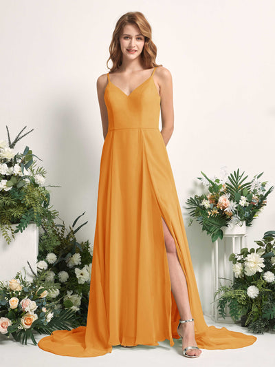 Carlyna Robe trapèze avec col V et fente sur la jambe longueur ras du sol demoiselle d'honneur Mangue #couleur_mangue
