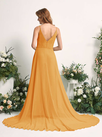 Carlyna Robe trapèze avec col V et fente sur la jambe longueur ras du sol demoiselle d'honneur Mangue #couleur_mangue