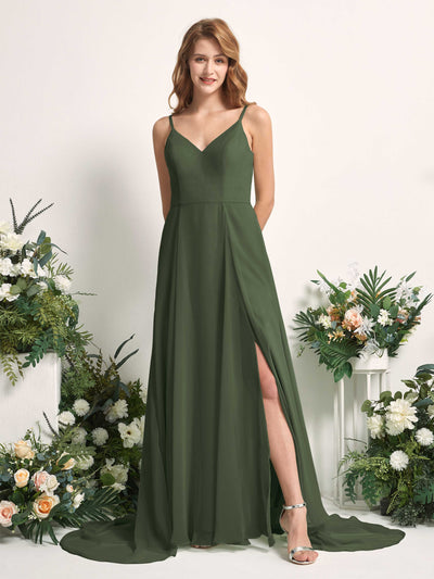 Carlyna Robe trapèze avec col V et fente sur la jambe longueur ras du sol demoiselle d'honneur Olive Martini #couleur_olive-martini