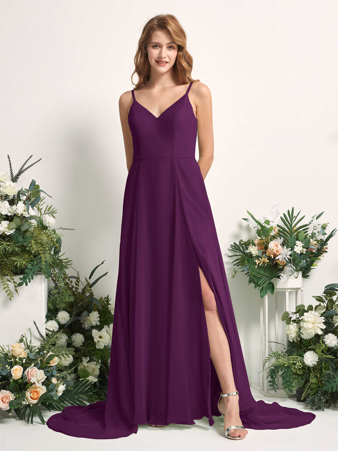 Carlyna Robe trapèze avec col V et fente sur la jambe longueur ras du sol demoiselle d&