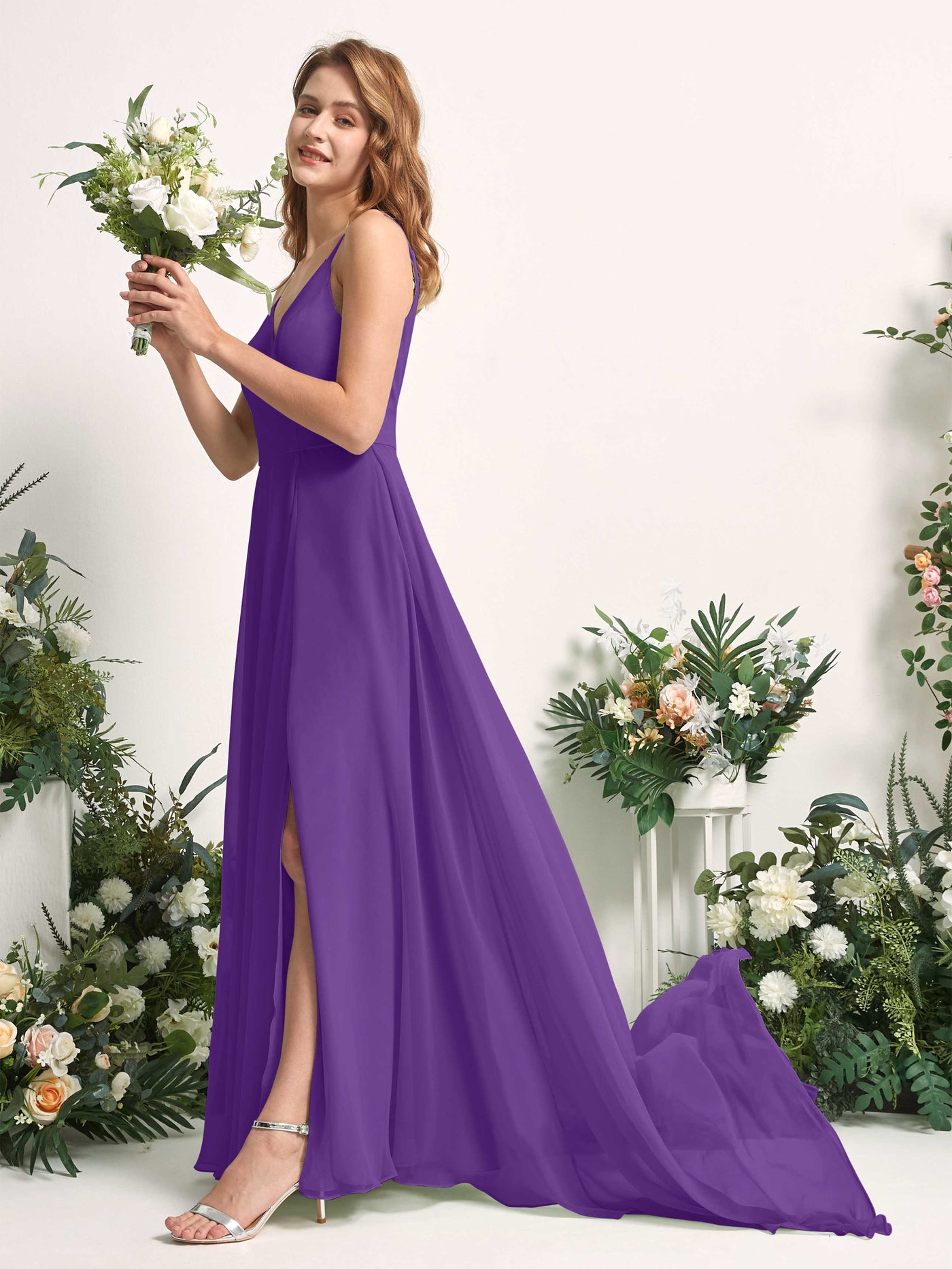Carlyna Robe trapèze avec col V et fente sur la jambe longueur ras du sol demoiselle d'honneur Régence #couleur_r-gence