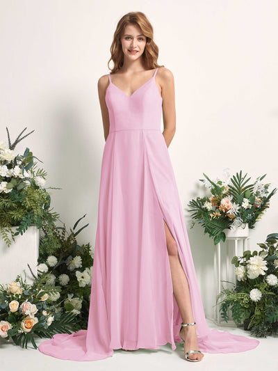 Carlyna Robe trapèze avec col V et fente sur la jambe longueur ras du sol demoiselle d'honneur Rose Bonbon #couleur_rose-bonbon