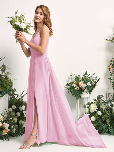 Carlyna Robe trapèze avec col V et fente sur la jambe longueur ras du sol demoiselle d'honneur Rose Bonbon #couleur_rose-bonbon