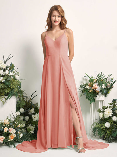 Carlyna Robe trapèze avec col V et fente sur la jambe longueur ras du sol demoiselle d'honneur Rose Champagne #couleur_rose-champagne