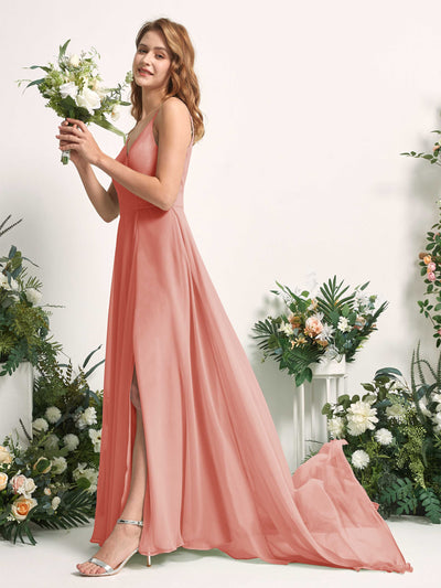 Carlyna Robe trapèze avec col V et fente sur la jambe longueur ras du sol demoiselle d'honneur Rose Champagne #couleur_rose-champagne