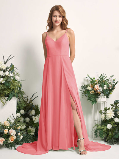 Carlyna Robe trapèze avec col V et fente sur la jambe longueur ras du sol demoiselle d'honneur Rose Corail #couleur_rose-corail
