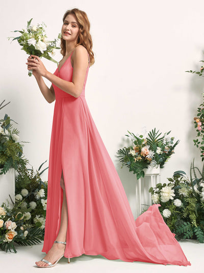 Carlyna Robe trapèze avec col V et fente sur la jambe longueur ras du sol demoiselle d'honneur Rose Corail #couleur_rose-corail