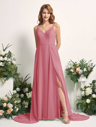 Carlyna Robe trapèze avec col V et fente sur la jambe longueur ras du sol demoiselle d'honneur Rose Du Désert #couleur_rose-du-d-sert