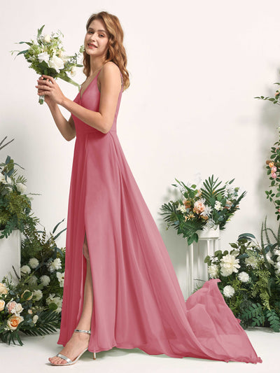 Carlyna Robe trapèze avec col V et fente sur la jambe longueur ras du sol demoiselle d'honneur Rose Du Désert #couleur_rose-du-d-sert