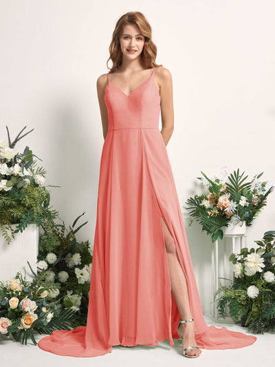 Carlyna Robe trapèze avec col V et fente sur la jambe longueur ras du sol demoiselle d'honneur Rose Pêche #couleur_rose-p-che