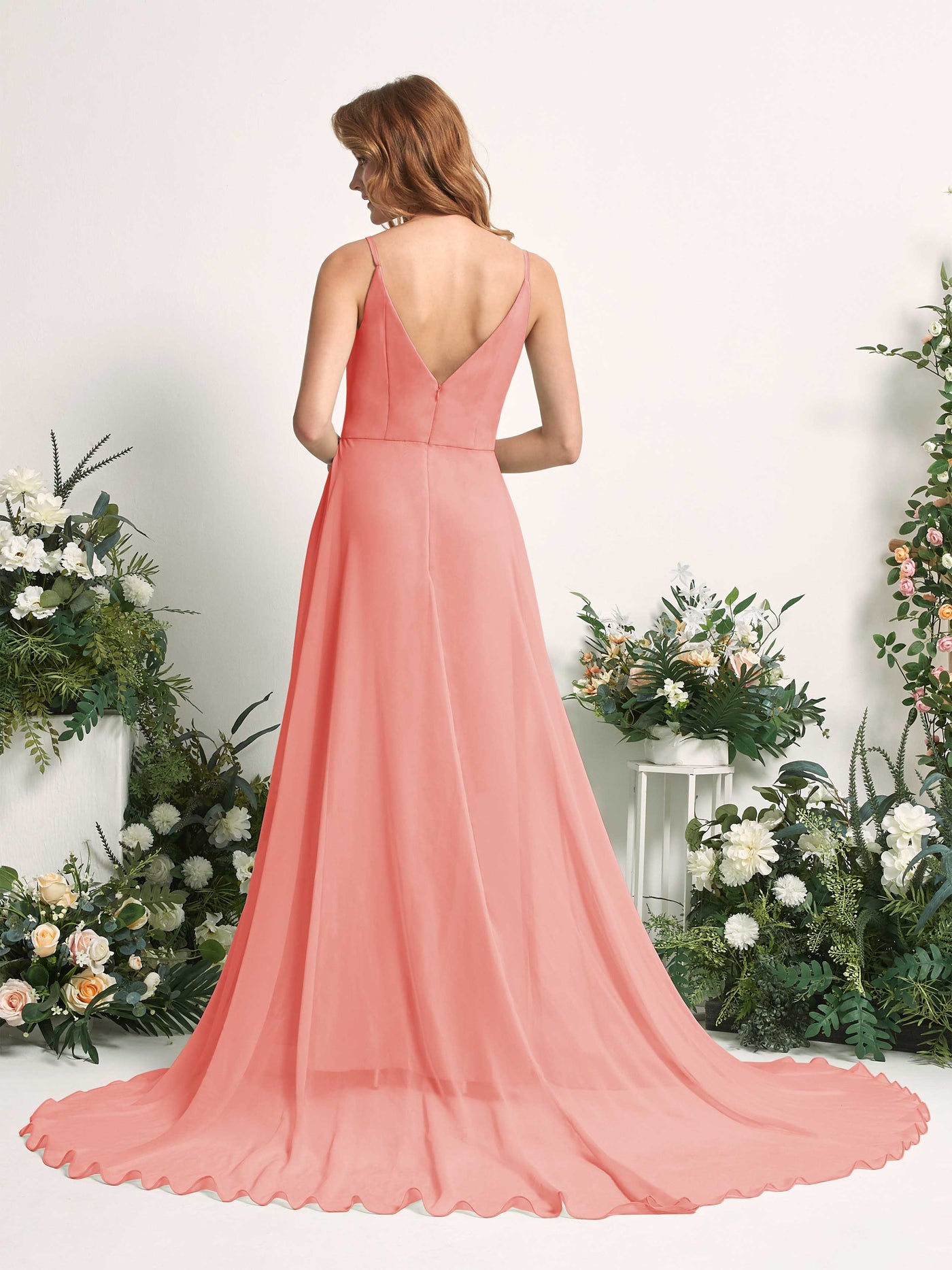 Carlyna Robe trapèze avec col V et fente sur la jambe longueur ras du sol demoiselle d'honneur Rose Pêche #couleur_rose-p-che